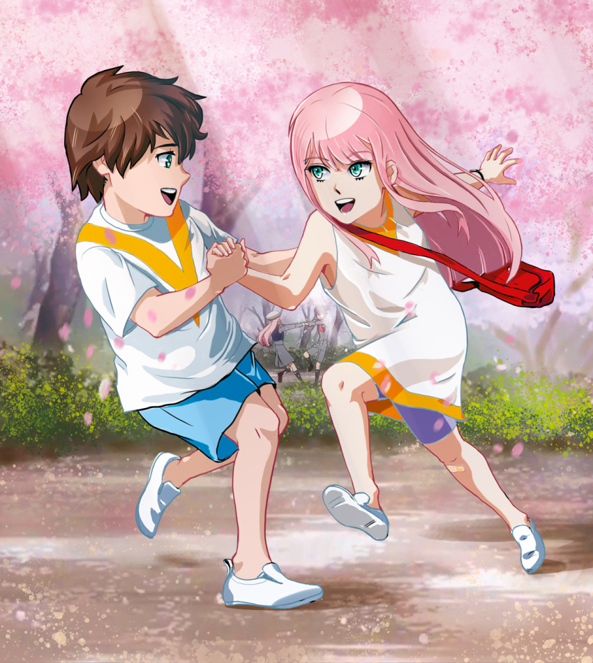 1boy, 1girl, albyee, bag, bangs, bare_shoulders, bike_shorts, blue_eyes
