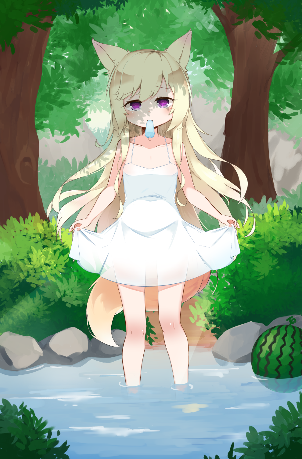 1girl, animal_ears, blonde_hair, cp00, dog_ears, dog_tail, dress, dress_lift