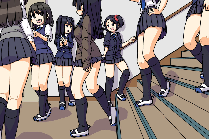6+girls, :d, bangs, black_eyes, black_hair, black_legwear, black_skirt, blue_neckwear