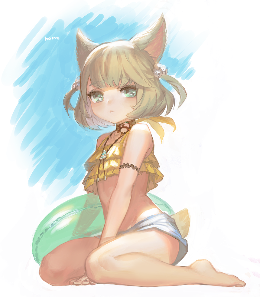 1girl, :<, animal_ears, bell, bikini_top, blonde_hair, blue_eyes, cat_ears