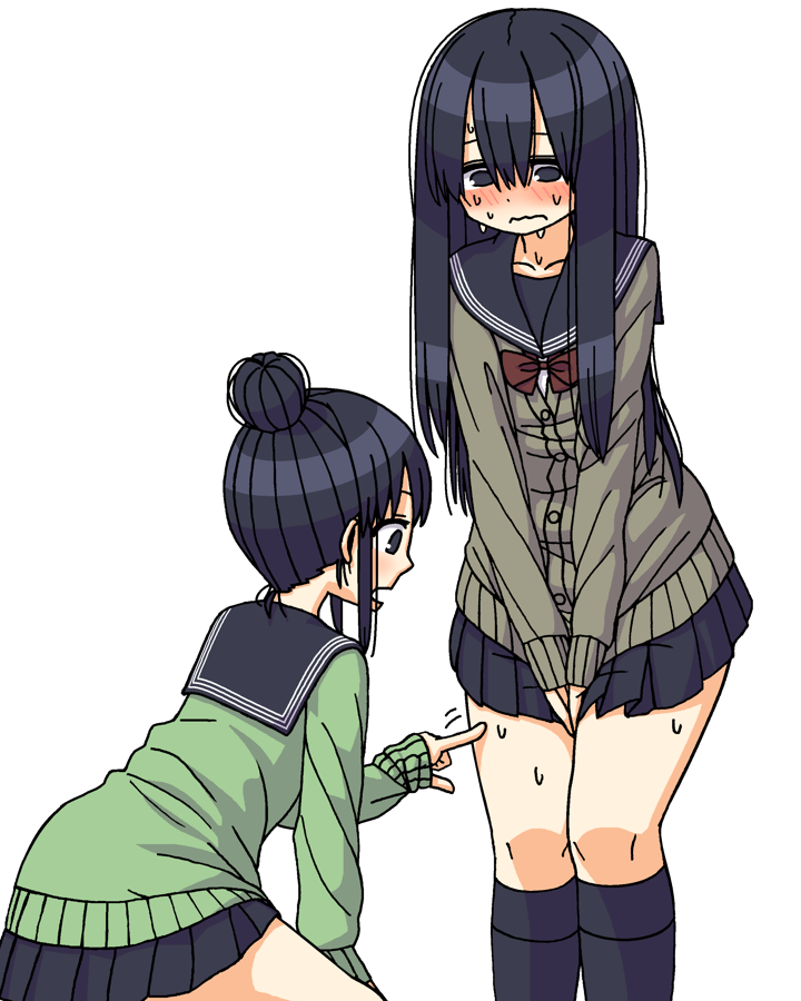 2girls, bangs, between_legs, black_eyes, black_hair, black_legwear, black_skirt, blush