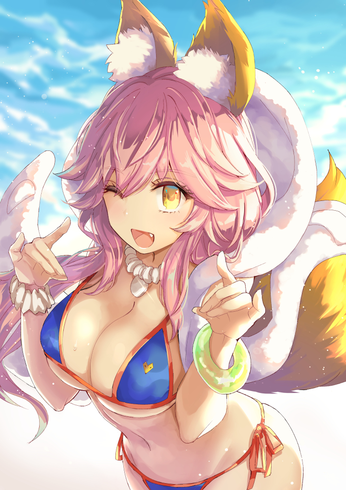 1girl, ;d, animal_ears, bangs, bikini, blue_bikini, blurry, blurry_background