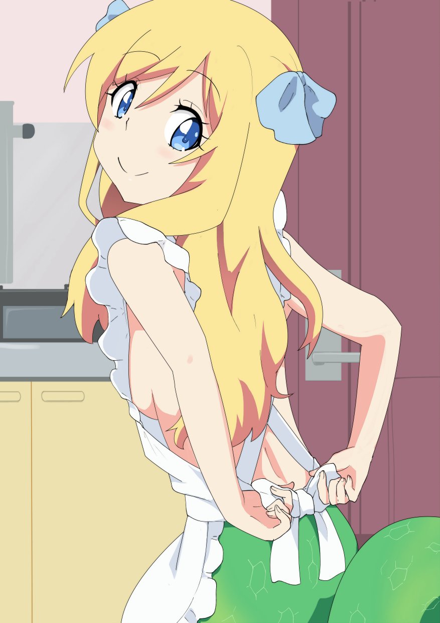 1girl, apron, blonde_hair, blue_eyes, blue_ribbon, breasts, gobanme_no_mayoi_neko, hair_ribbon
