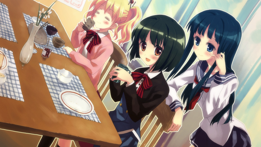3girls, :d, :t, =_=, absurdres, alice_cartelet, black_hair, blonde_hair