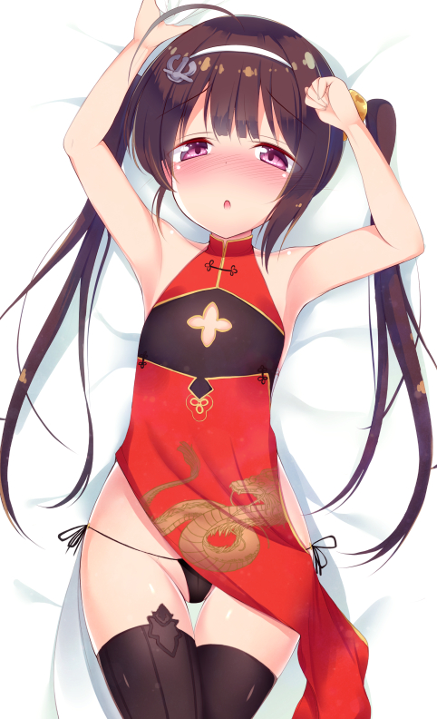 1girl, anchor_hair_ornament, arms_up, azur_lane, bangs, bare_arms, bare_shoulders, bed_sheet