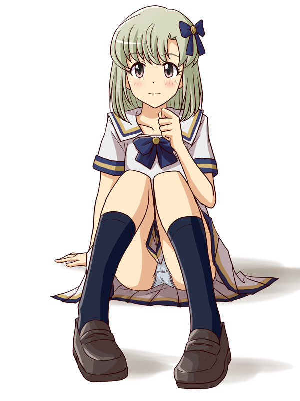 1girl, arm_support, bangs, black_legwear, blue_bow, blue_neckwear, blue_panties, bow