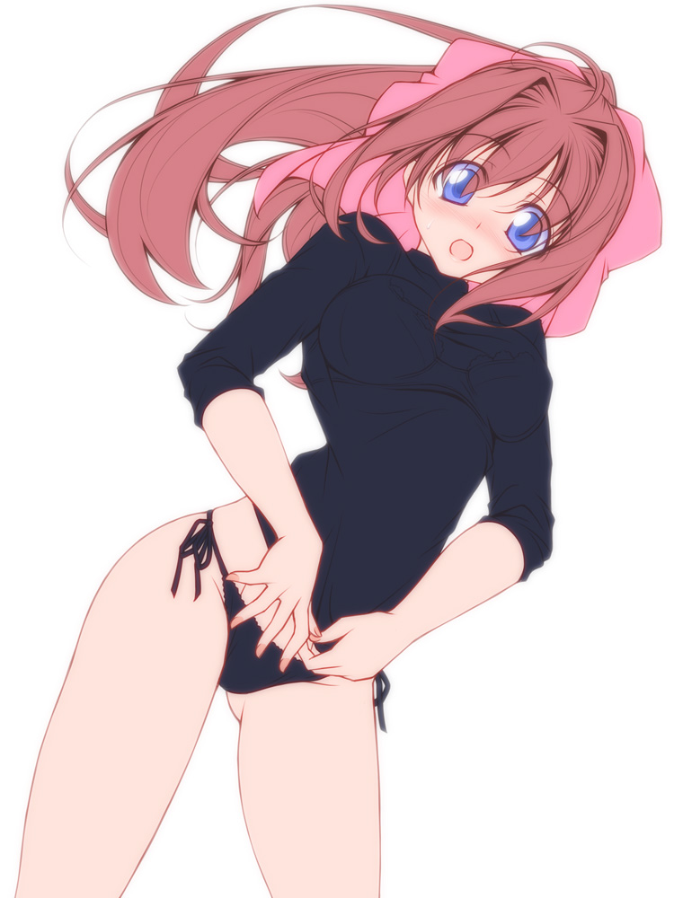 1girl, asakura_otome, bangs, black_panties, black_shirt, blue_eyes, blush, bow