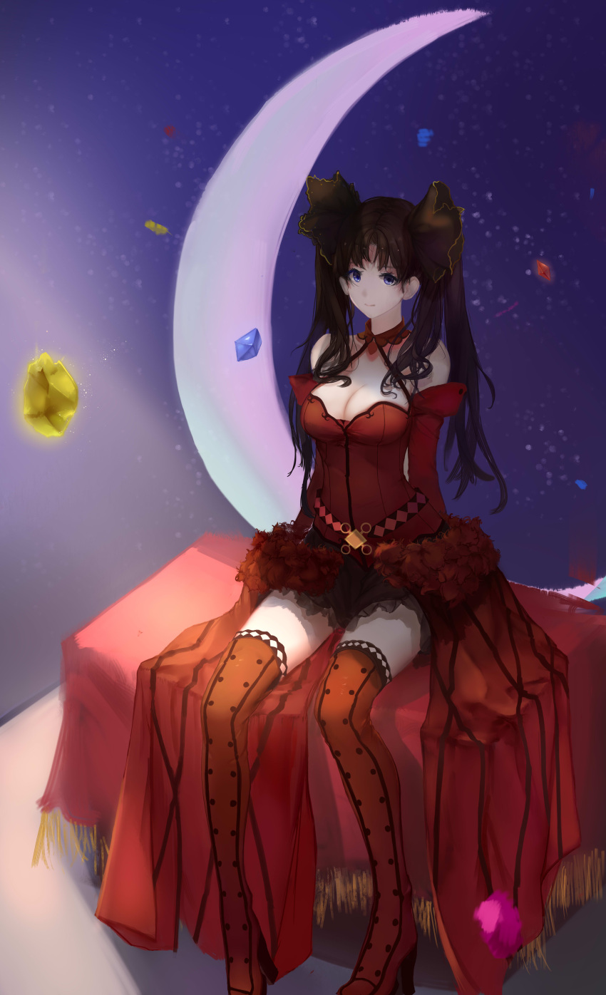 1girl, absurdres, arm_support, black_ribbon, blue_eyes, bodice, breasts, brown_hair