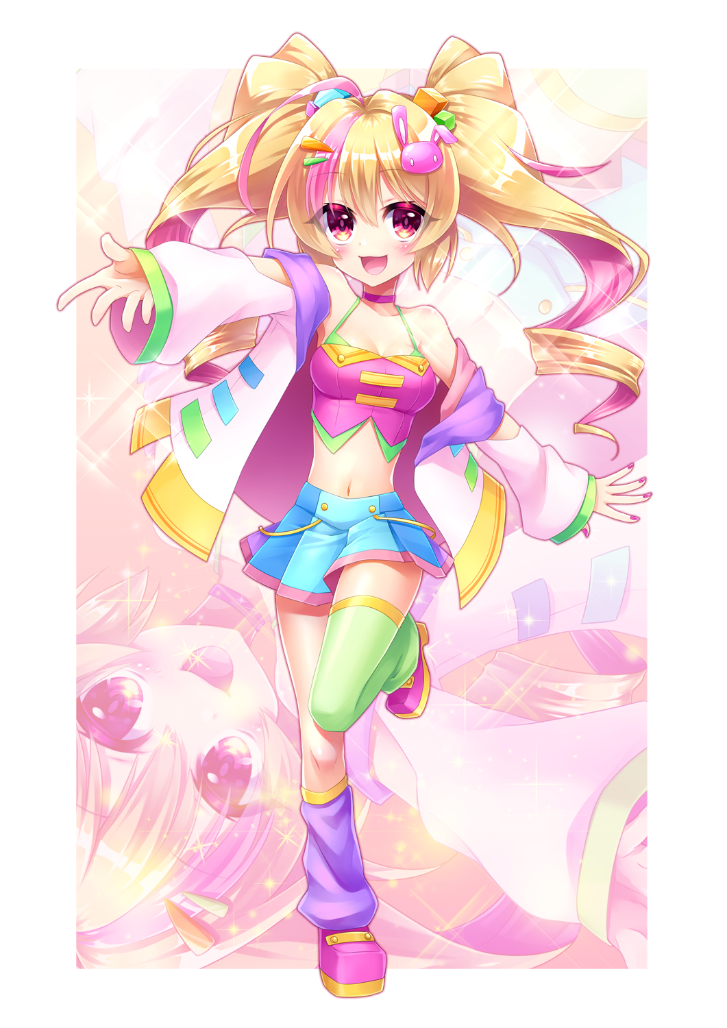 1girl, :d, ahoge, asymmetrical_legwear, blonde_hair, blue_skirt, blush, breasts, bunny_hair_ornament, choker, full_body, green_legwear, hair_cubes, hair_ornament, hairclip, highres, jacket, loose_socks, midriff, multicolored_hair, nail_polish, navel, open_mouth, original, outstretched_hand, pink_choker, pink_eyes, pink_footwear, pink_hair, pink_nails, purple_legwear, skirt, small_breasts, smile, standing, standing_on_one_leg, streaked_hair, thigh-highs, thistle_lapis, twintails, two-tone_hair, white_jacket, zoom_layer