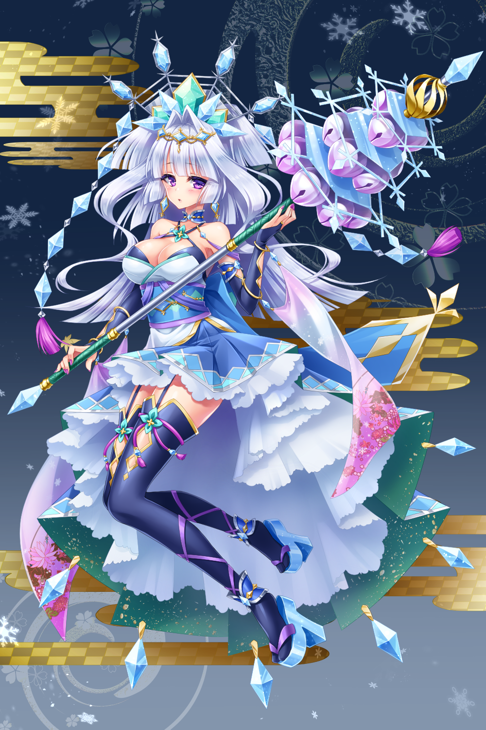 1girl, bare_shoulders, bell, black_legwear, blush, breasts, cleavage, earrings, full_body, garter_straps, geta, grey_hair, hair_intakes, headpiece, highres, jewelry, jingle_bell, kagura_suzu, large_breasts, long_hair, nail_polish, original, purple_nails, silver_hair, snowflakes, staff, tengu-geta, thistle_lapis, very_long_hair, violet_eyes