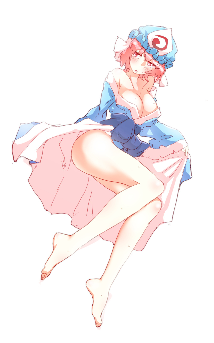1girl, bare_legs, barefoot, blush, breasts, cleavage, clothes_lift, collarbone