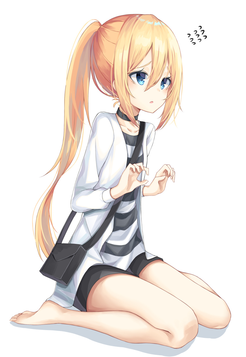 1girl, absurdres, bag, bangs, barefoot, black_shorts, blonde_hair, blue_eyes