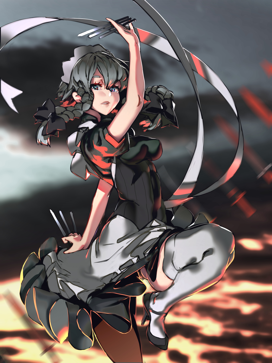 1girl, apron, between_fingers, black_footwear, blue_eyes, braid, breasts, dual_wielding, floating, flying, grey_legwear, high_heels, highres, holding, holding_weapon, izayoi_sakuya, knife, leg_up, maid, maid_headdress, medium_breasts, oxykoma, ribbon, side_braids, silver_hair, solo, thigh-highs, throwing_knife, touhou, twin_braids, weapon