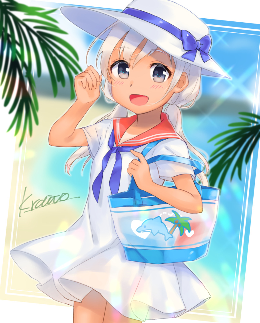 1girl, ahoge, alternate_costume, alternate_hairstyle, arm_up, bag, bangs, beach