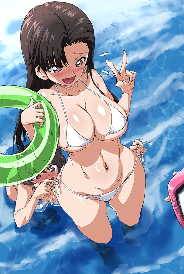 2girls, assisted_exposure, asymmetrical_bangs, bangs, bikini, blush, breasts, brown_eyes, brown_hair, cellphone, cleavage, commentary, day, flying_sweatdrops, gemu555, girls_und_panzer, green_eyes, hair_rings, holding, holding_cellphone, holding_innertube, holding_phone, hosomi_(girls_und_panzer), innertube, large_breasts, leaning_forward, long_hair, micro_bikini, multiple_girls, navel, nishi_kinuyo, open_mouth, outdoors, phone, pose, pov, short_hair, side-tie_bikini, smile, striped, striped_bikini, swimsuit, untying, v, wading, wavy_mouth, white_bikini