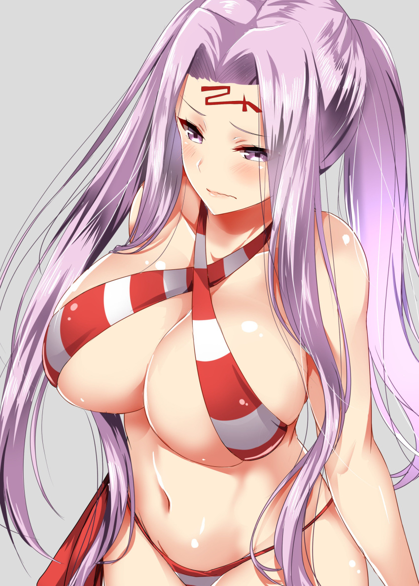 1girl, absurdres, alternate_costume, ar_(lover_boy), bare_shoulders, bikini, blush, breasts