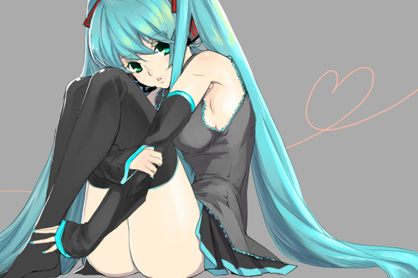 blue_eyes, detached_sleeves, hatsune_miku, long_hair, michiko_(artist), nail_polish, sitting, skirt