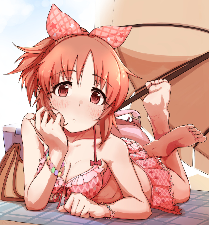 1girl, abe_nana, ankles, arm_rest, bag, bangs, bare_shoulders, beach_towel