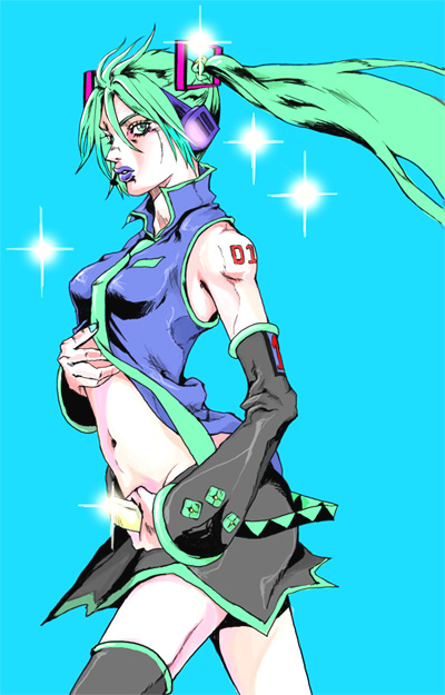 araki_hirohiko_(style), bare_shoulders, cosplay, detached_sleeves, green_eyes, green_hair, hatsune_miku, jojo's_bizarre_adventure