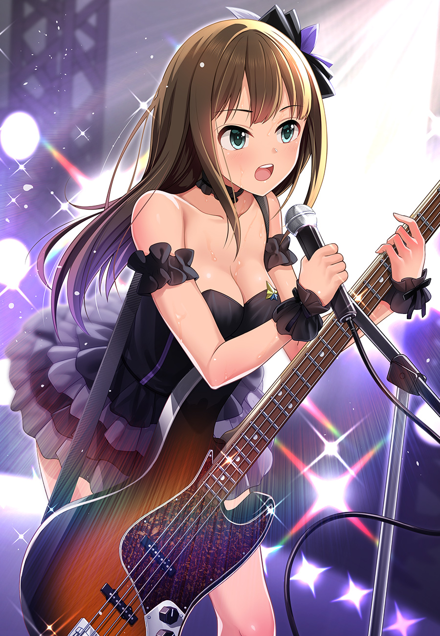 1girl, aqua_eyes, arm_scrunchie, badge, bangs, bare_shoulders, black_choker, black_dress