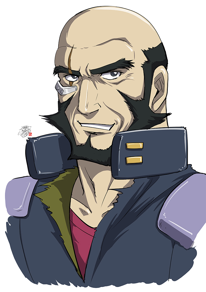 1boy, bald, beard, black_eyes, black_hair, commentary_request, cowboy_bebop, dated