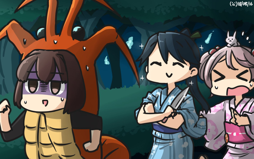 3girls, black_hair, blue_kimono, brown_eyes, brown_hair, bush, closed_eyes, commentary_request
