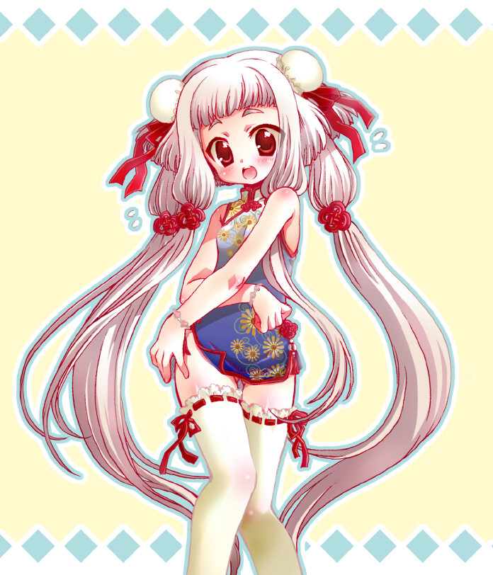bare_shoulders, blush, bracelet, bun_cover, china_dress, chinadress, chinese_clothes, code_geass, covering, double_bun, double_buns, embarrassed, flat_chest, jewelry, long_hair, open_mouth, red_eyes, ribbon, sweatdrop, thigh-highs, thighhighs, tianzi, twintails, very_long_hair, watanabe_sumiko, white_hair, zettai_ryouiki
