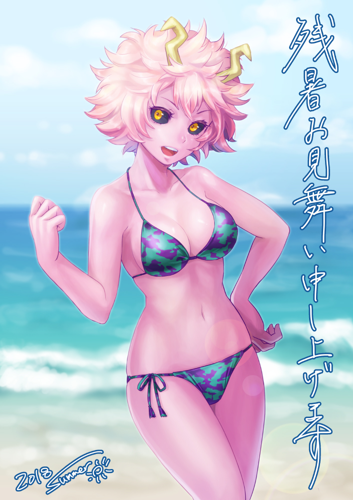 1girl, acha, ashido_mina, beach, bikini, black_sclera, blue_sky, boku_no_hero_academia