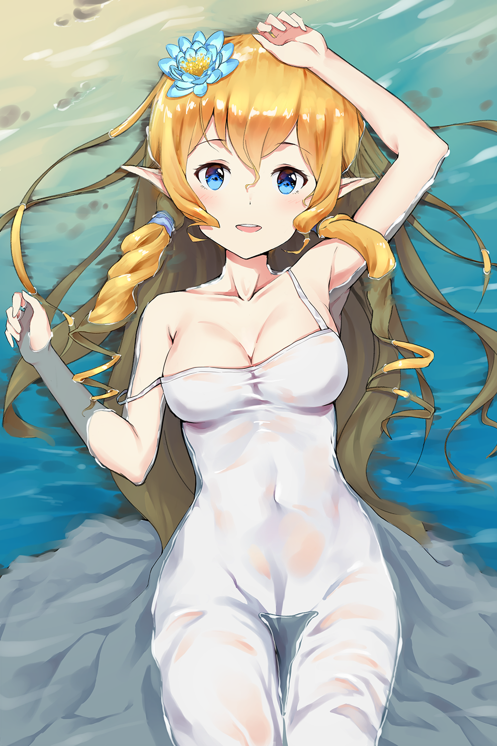 1girl, :d, arm_up, blonde_hair, braid, breasts, cokio, collarbone