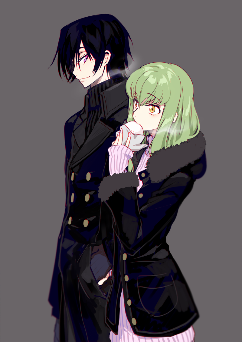 1boy, 1girl, bangs, baozi, black_hair, black_jacket, breath, c.c.