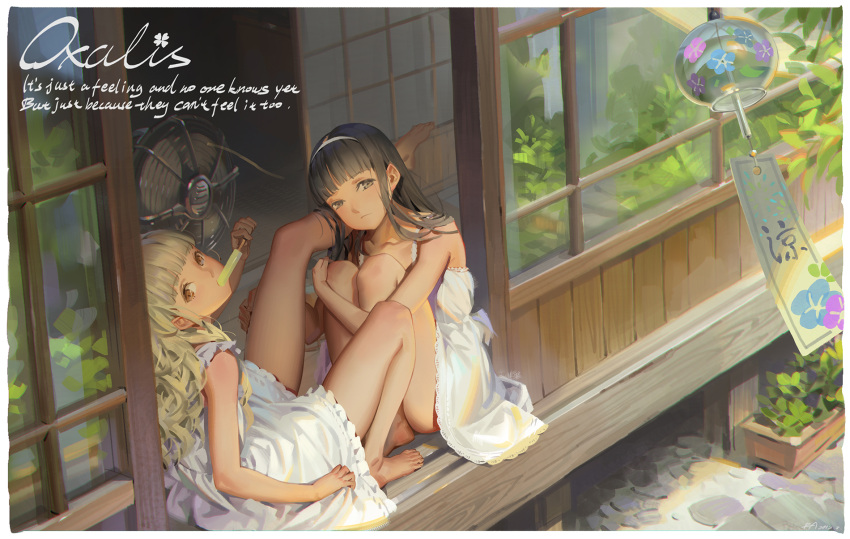 2girls, alphonse_(white_datura), barefoot, black_eyes, black_hair, blonde_hair, brown_eyes, commentary_request