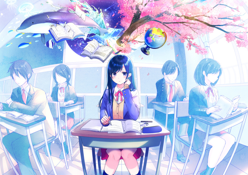 2boys, 3girls, animal, black_hair, blazer, blush, book, brown_cardigan