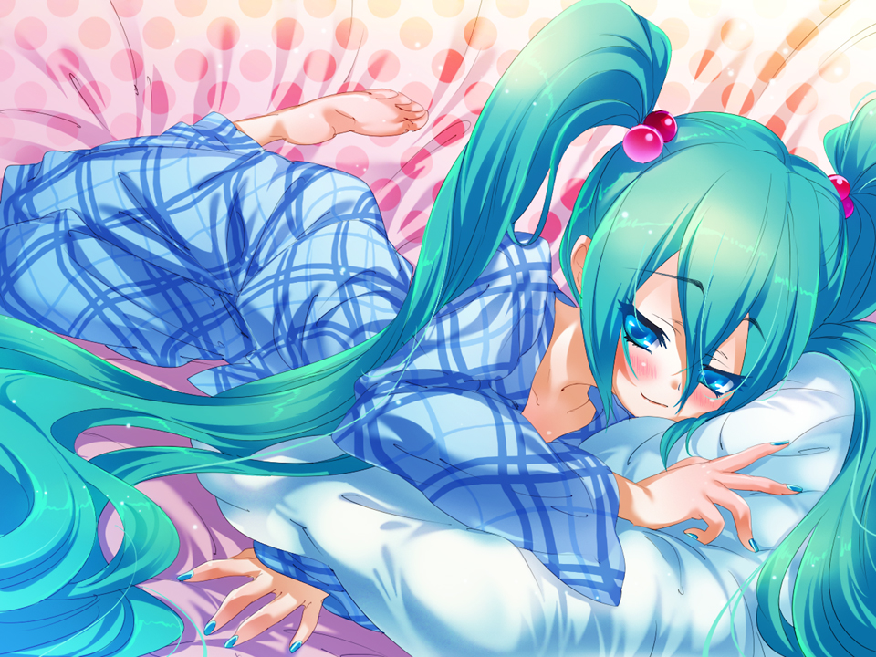 blue_eyes, blush, hair_bobbles, hair_ornament, hatsune_miku, hisashi, hisashi_(nekoman), long_hair
