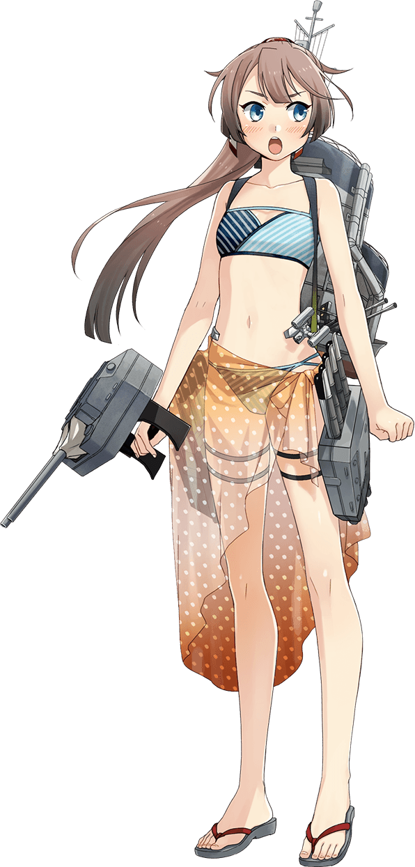 1girl, :o, bare_shoulders, bikini, blush, brown_hair, clenched_hand, collarbone, fujikawa, full_body, gradient_sarong, grey_eyes, hair_ornament, hair_ribbon, highres, kantai_collection, kazagumo_(kantai_collection), long_hair, looking_to_the_side, machinery, midriff, navel, official_art, polka_dot, polka_dot_bikini, polka_dot_sarong, ponytail, ribbon, round_teeth, sandals, sarong, solo, swimsuit, teeth, thigh_strap, translucent_sarong, transparent_background, tsurime, turret