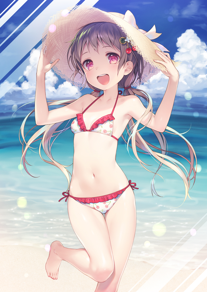 1girl, bikini, blue_sky, brown_hair, clouds, commentary_request, day, feet_out_of_frame