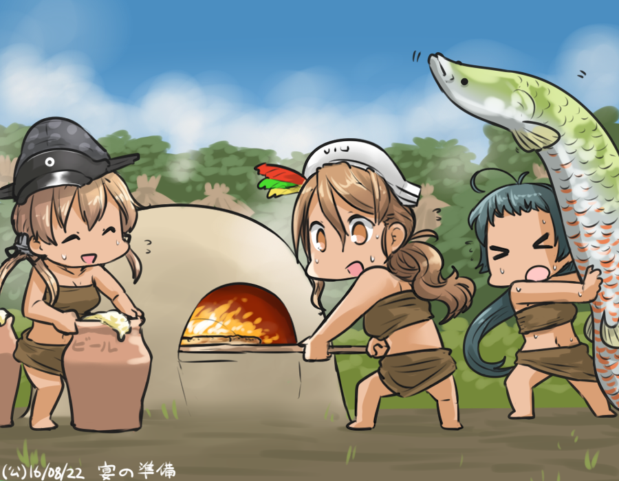>_<, 3girls, :d, :o, ^_^, alternate_costume, alternate_hair_color, anchor_hair_ornament