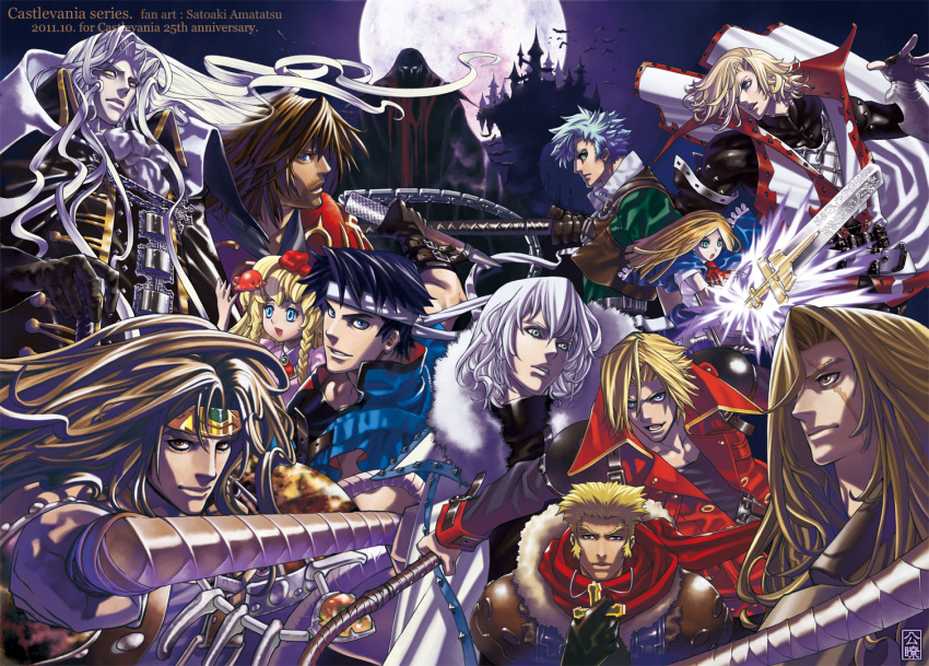 2girls, 6+boys, alucard_(castlevania), armor, ascot, bat, belt, black_hair, blonde_hair, blue_eyes, blue_legwear, book, boots, bow, braid, brown_hair, cape, capelet, castle, castlevania, castlevania:_aria_of_sorrow, castlevania:_circle_of_the_moon, castlevania:_curse_of_darkness, castlevania:_dawn_of_sorrow, castlevania:_lament_of_innocence, castlevania:_legacy_of_darkness, castlevania:_lords_of_shadow, castlevania:_portrait_of_ruin, castlevania:_rondo_of_blood, castlevania:_symphony_of_the_night, castlevania_iii:_dracula's_curse, charlotte_aulin, coat, commentary, dracula, dress, english_commentary, facial_hair, frills, gabriel_belmondo, gloves, hair_bow, hair_ribbon, headband, holding, holding_weapon, jonathan_morris, leon_belmondo, long_hair, maria_renard, moon, moonlight, multiple_boys, multiple_girls, muscle, pale_skin, pointy_ears, ralph_c_belmondo, red_eyes, reinhardt_schneider, ribbon, richter_belmondo, satoakiamatatsu, scar, scar_across_eye, short_hair, silver_hair, simon_belmondo, skirt, smile, soma_cruz, sword, tagme, trench_coat, twin_braids, vampire, weapon, whip, white_hair, white_skin