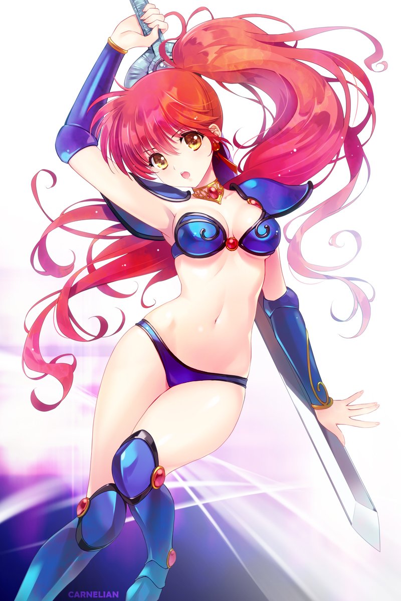 1girl, armor, artist_name, asagiri_youko, bikini_armor, bikini_day, breasts, carnelian