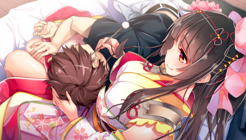 1boy, 1girl, belt, black_shirt, blush, breasts, brown_eyes, brown_hair