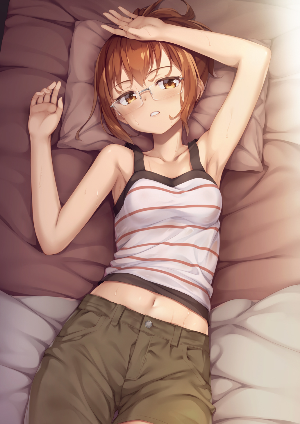 1girl, arms_up, bangs, bare_arms, bare_shoulders, bed_sheet, blush, breasts