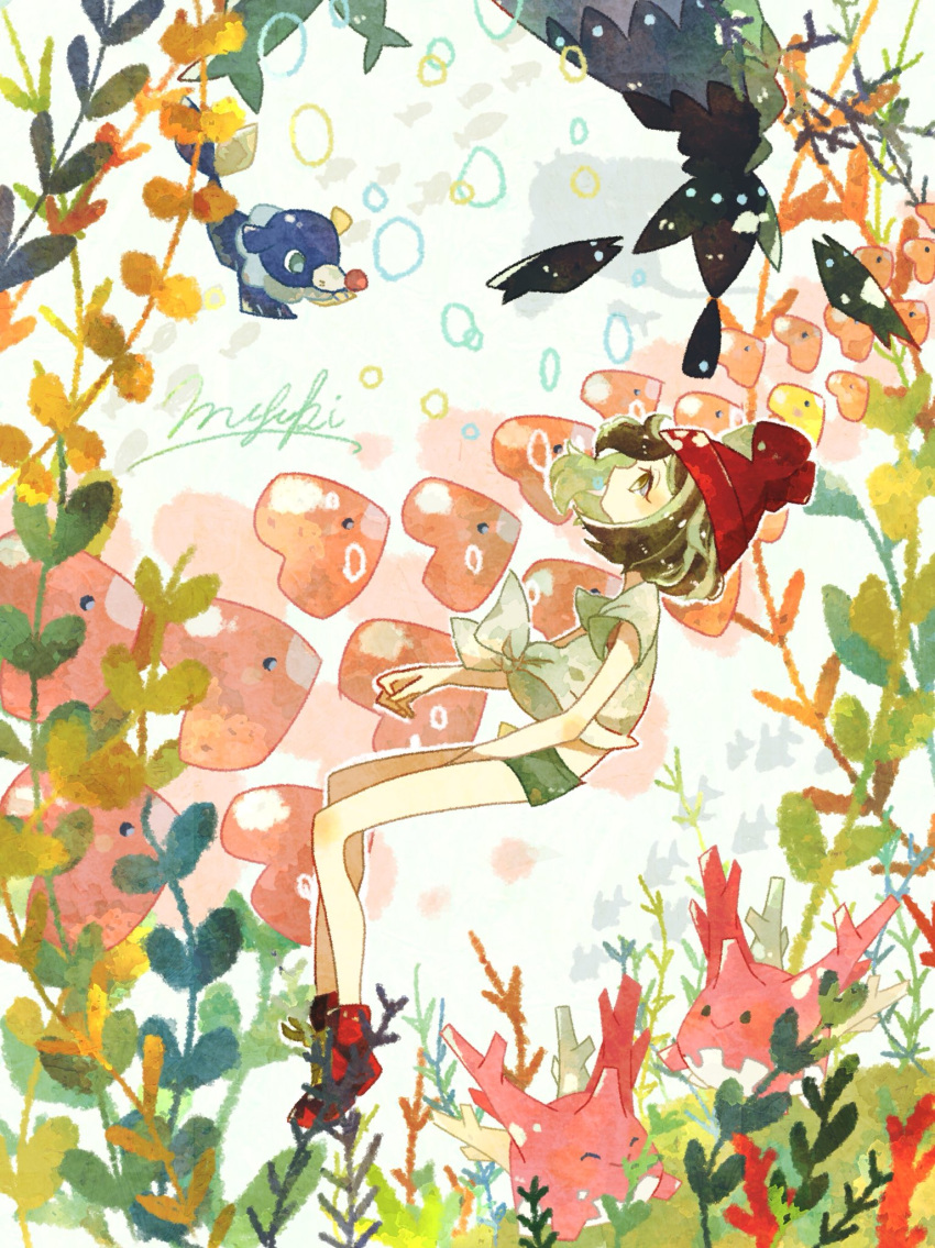 1girl, bangs, beanie, black_hair, corsola, creatures_(company), feet_up, floral_background, floral_print, full_body, game_freak, gen_2_pokemon, gen_3_pokemon, gen_7_pokemon, green_shorts, grey_eyes, hat, highres, kirakiya, legs, luvdisc, midriff, mizuki_(pokemon), nintendo, pokemon, pokemon_(game), pokemon_sm, popplio, shirt, shoes, short_hair, shorts, solo, tied_shirt, wishiwashi