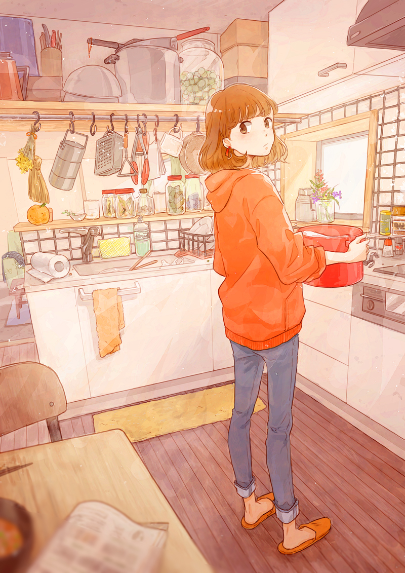 1girl, bangs, box, brown_eyes, brown_hair, cabinet, chair, cheese_grater, commentary, denim, earrings, faucet, flower, frying_pan, holding_pot, hood, hood_down, indoors, jar, jeans, jewelry, kitchen, kujyoo, light_frown, long_sleeves, looking_back, newspaper, orange_footwear, orange_hoodie, original, pants, paper_towel, plate, pot, short_hair, sink, slippers, soap, solo, sponge, standing, table, tongs, towel, window, wok, wooden_floor