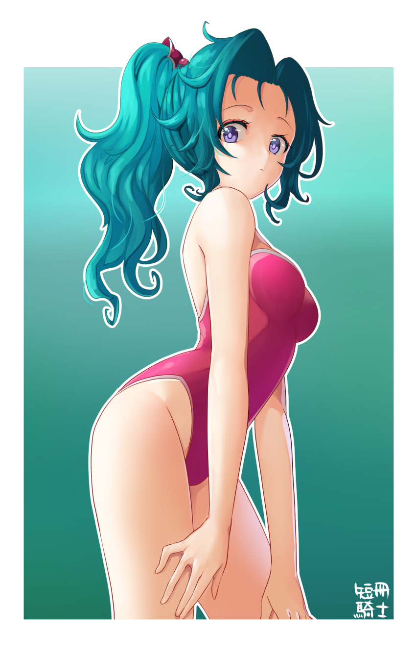 1girl, aqua_hair, bare_arms, bare_shoulders, breasts, closed_mouth, final_fantasy, final_fantasy_vi, groin, hair_intakes, hair_ornament, highleg, highleg_swimsuit, highres, long_hair, looking_at_viewer, medium_breasts, one-piece_swimsuit, outline, pink_swimsuit, ponytail, solo, strapless, strapless_swimsuit, swimsuit, tanzaku_kishi, thighs, tina_branford, violet_eyes, wavy_hair, white_outline