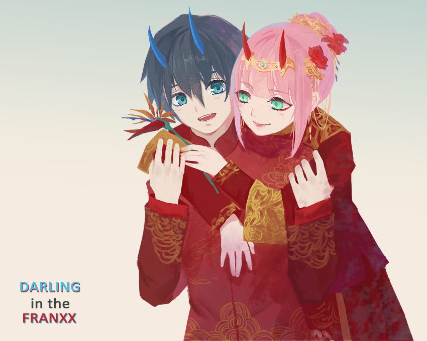 1boy, 1girl, alternate_costume, alternate_hairstyle, arm_around_neck, bangs, black_hair, blue_eyes