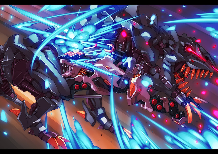 attack, battle, bio_tyranno, blade, blue_eyes, charging, claws, commentary_request, cutting, damaged, destruction, fangs, g.haruka, glowing, glowing_eyes, glowing_weapon, mecha, mugen_liger, no_humans, red_eyes, slashing, weapon, zoids, zoids_genesis