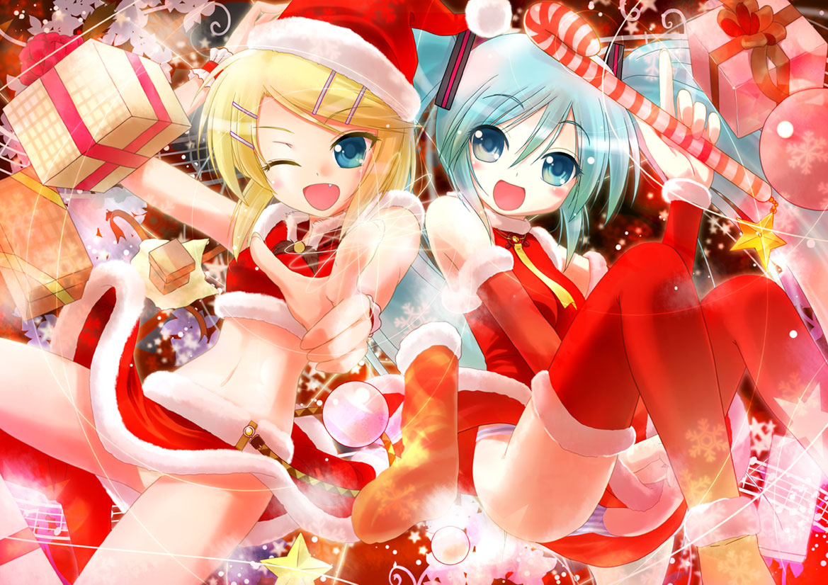 2girls, :d, aqua_hair, bare_shoulders, blonde_hair, blue_eyes, candy_cane, christmas