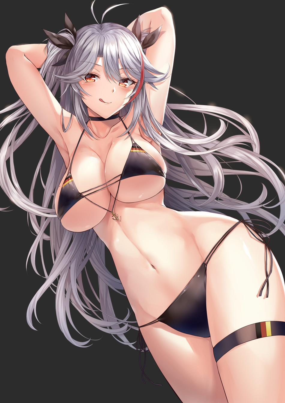 1girl, antenna_hair, armpits, arms_behind_head, azur_lane, bangs, bikini, black_bikini
