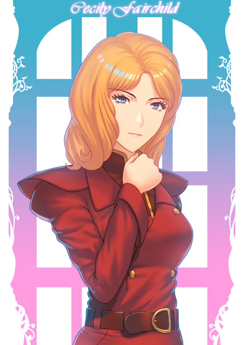 1girl, bangs, belt, blonde_hair, cecily_fairchild, closed_mouth, commentary_request, eyebrows_visible_through_hair