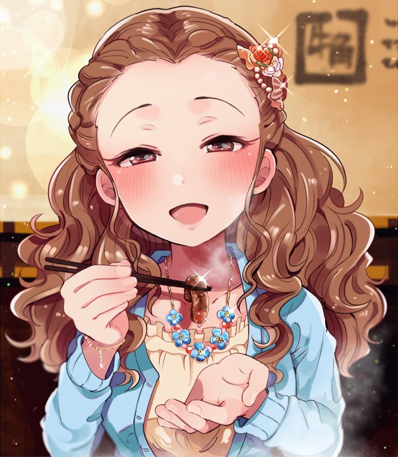 1girl, :d, blouse, blue_cardigan, blush, bracelet, braid, brown_eyes