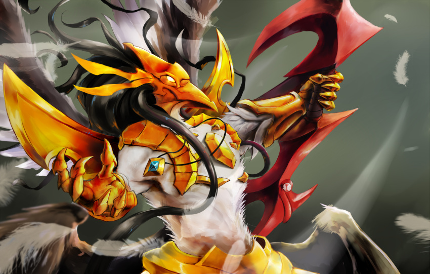 1boy, absurdres, black_hair, bow_(weapon), claws, commentary_request, feathers, from_side